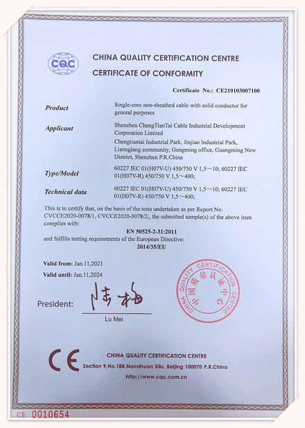 CHINA Shenzhen Chengtiantai Cable Industry Development Co.,Ltd certificaten
