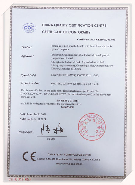 CHINA Shenzhen Chengtiantai Cable Industry Development Co.,Ltd certificaten